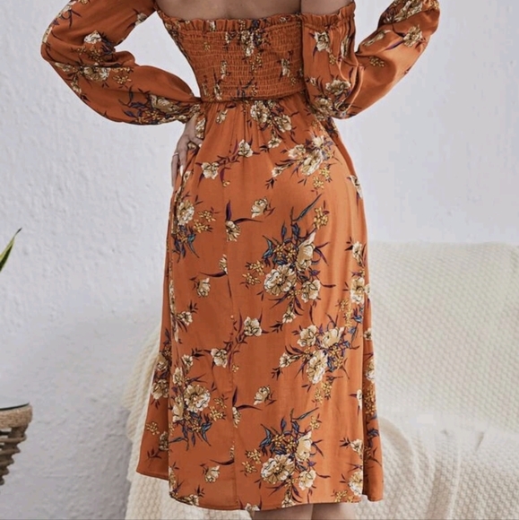 Orange floral print shirred off the shoulder long sleeve dress - Picture 4 of 11